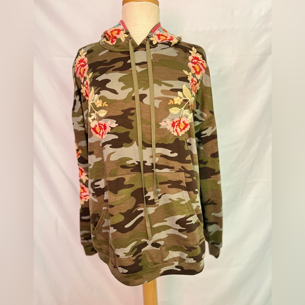 Savanna Jane Green Camo Hoodie with Pink Floral Embroidery